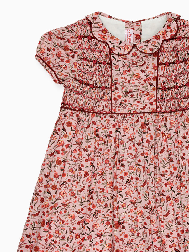La Coqueta Pink Bird Floral Scarlett Girl Hand-Smocked Dress