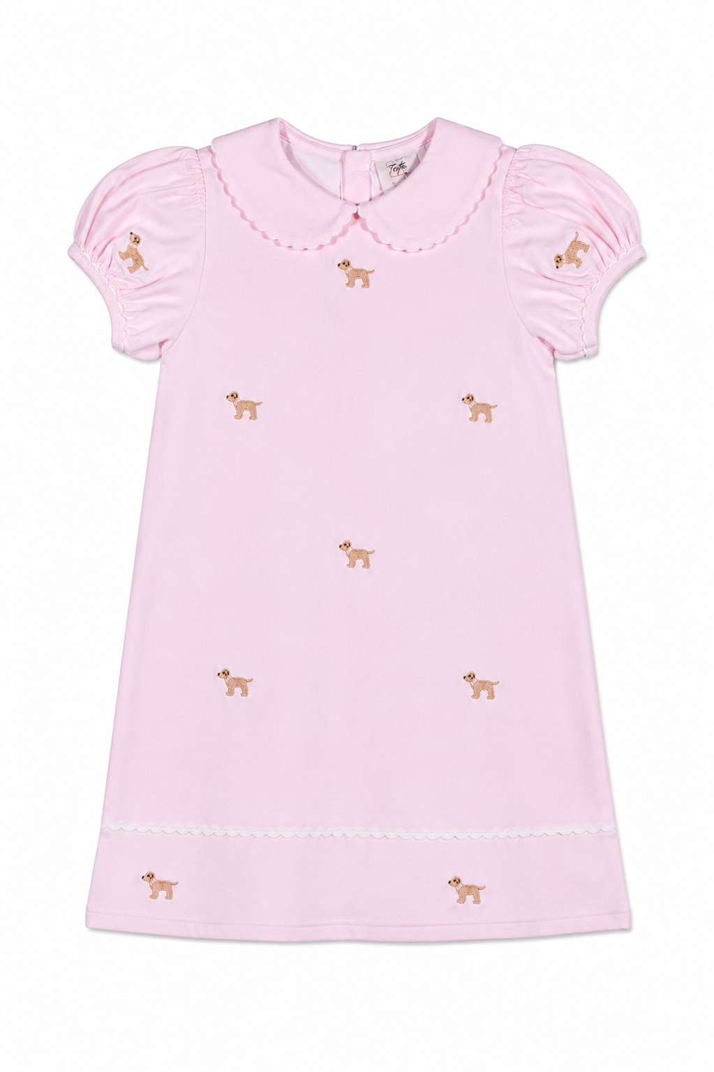 A light pink short-sleeve baby dress with a Peter Pan collar, scalloped trim, and embroidered dog motifs scattered across the front.