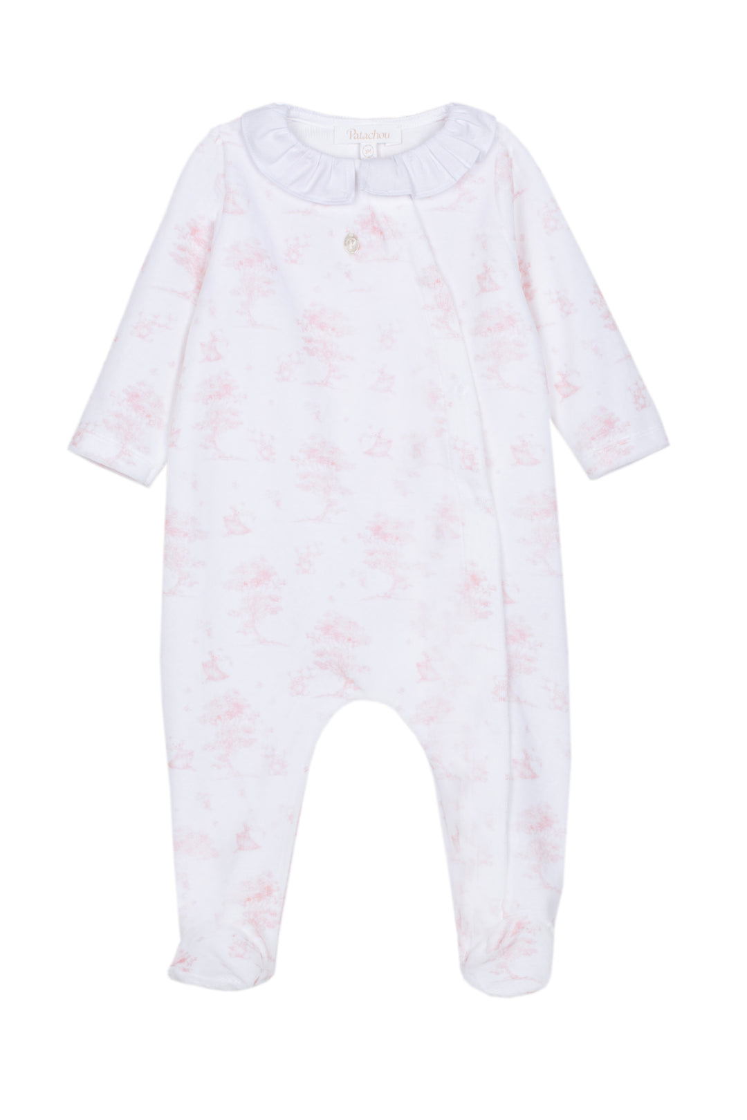 A white long-sleeve baby footed sleeper with a light pink floral pattern, photographed flat against a white background.
