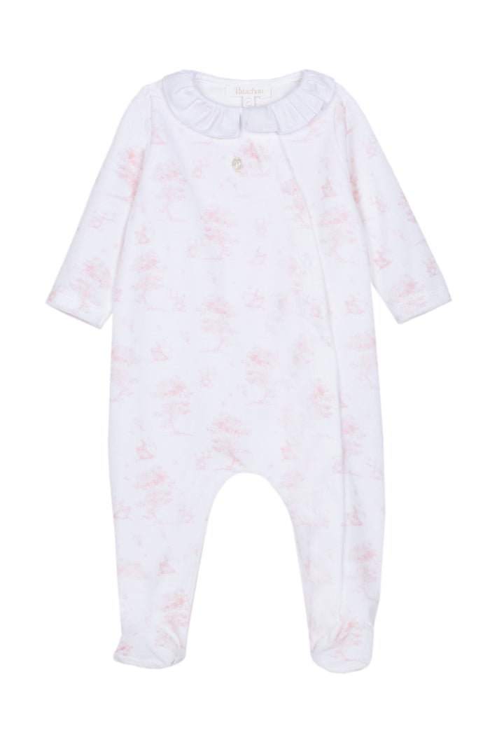 A white long-sleeve baby footed sleeper with a light pink floral pattern, photographed flat against a white background.