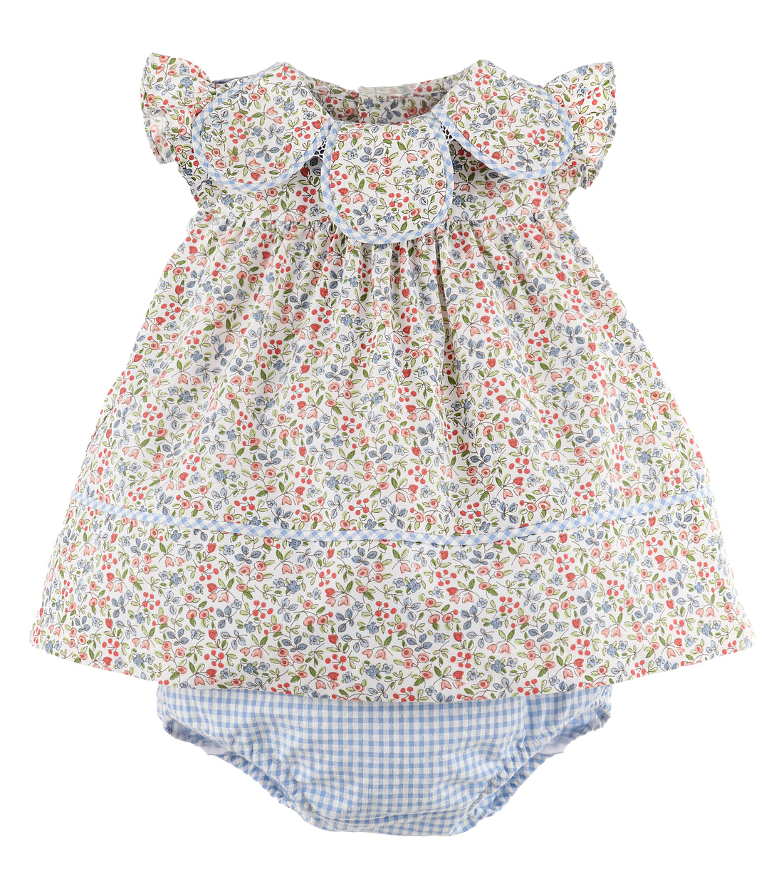 Floral dress with ruffled collar and checkered shorts on a white background