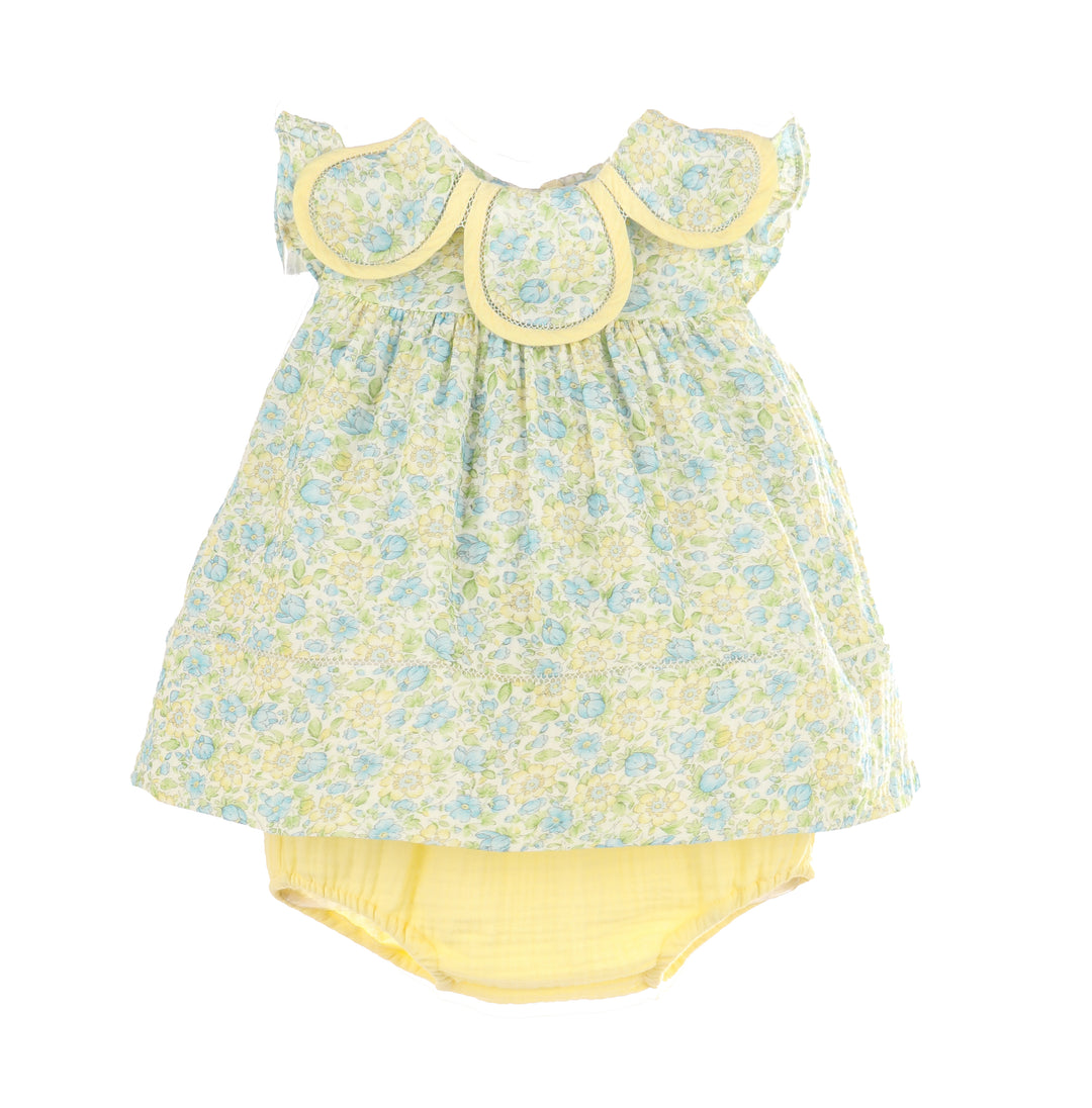 Yellow and blue floral baby dress on a white background