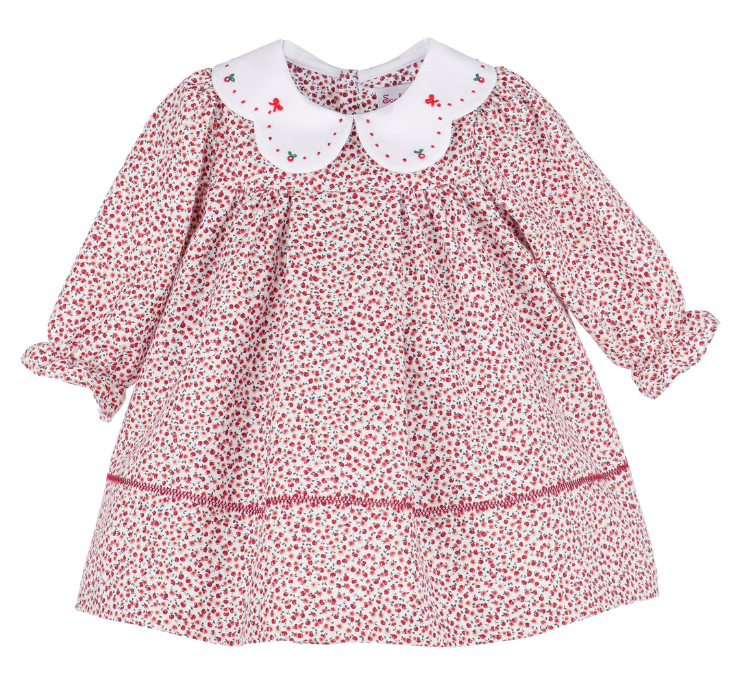 Children's Apple Print Dress with Embroidered Collar