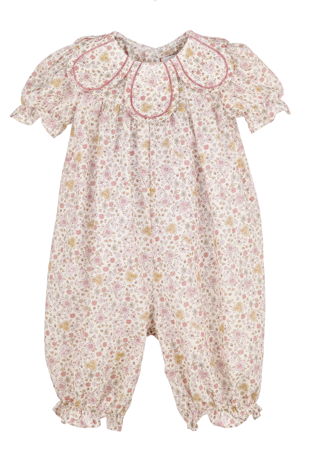 Floral baby romper with smocked neckline on a white background