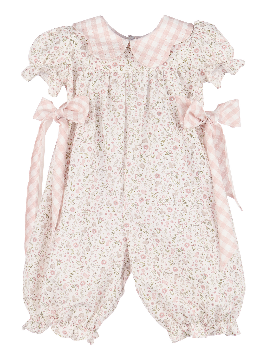 baby girl romper with pink gingham and woodland print
