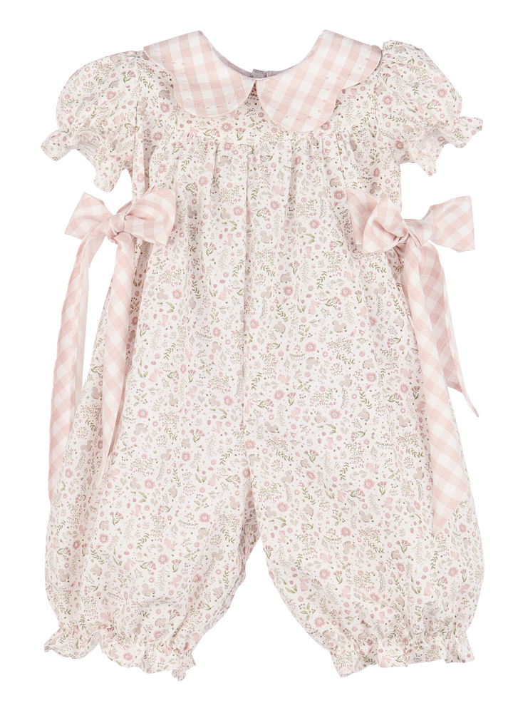 baby girl romper with pink gingham and woodland print