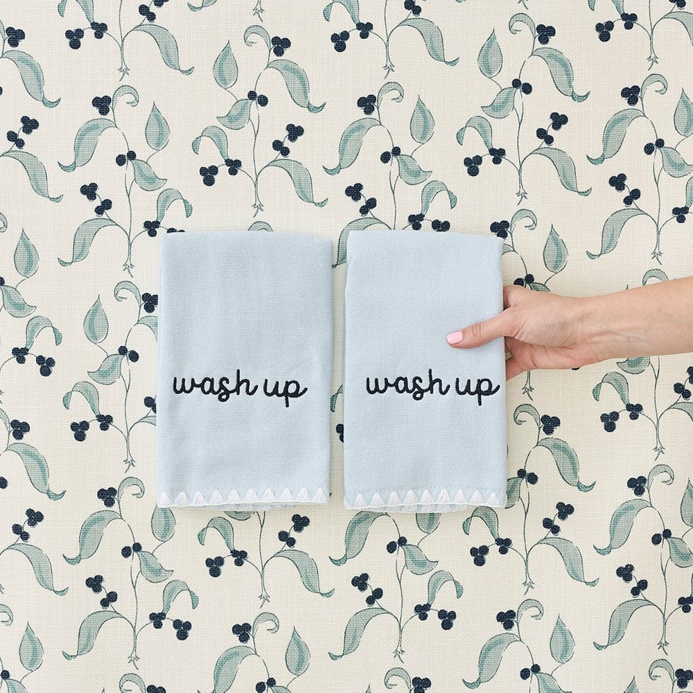 pair of two powder towels with "makeup" embroidery