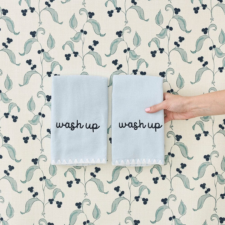 pair of two powder towels with "makeup" embroidery