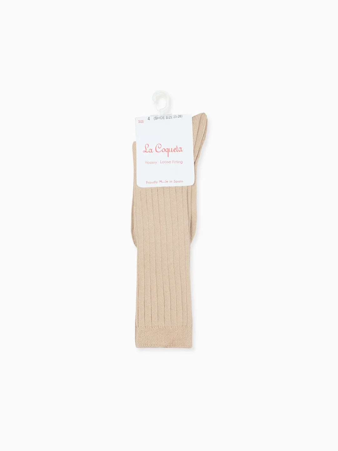 A pair of ribbed ankle socks in a light beige color, hanging from a white plastic hanger with a white paper label that reads 'La Cospina'. The background is a clean, solid white.