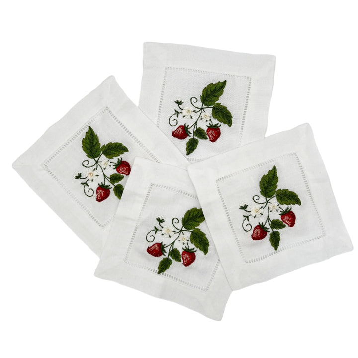 Strawberry Embroidered Cocktail Napkins - Set of 4