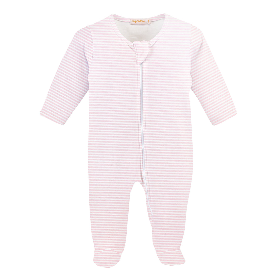 Pink and white striped baby onesie on a white background