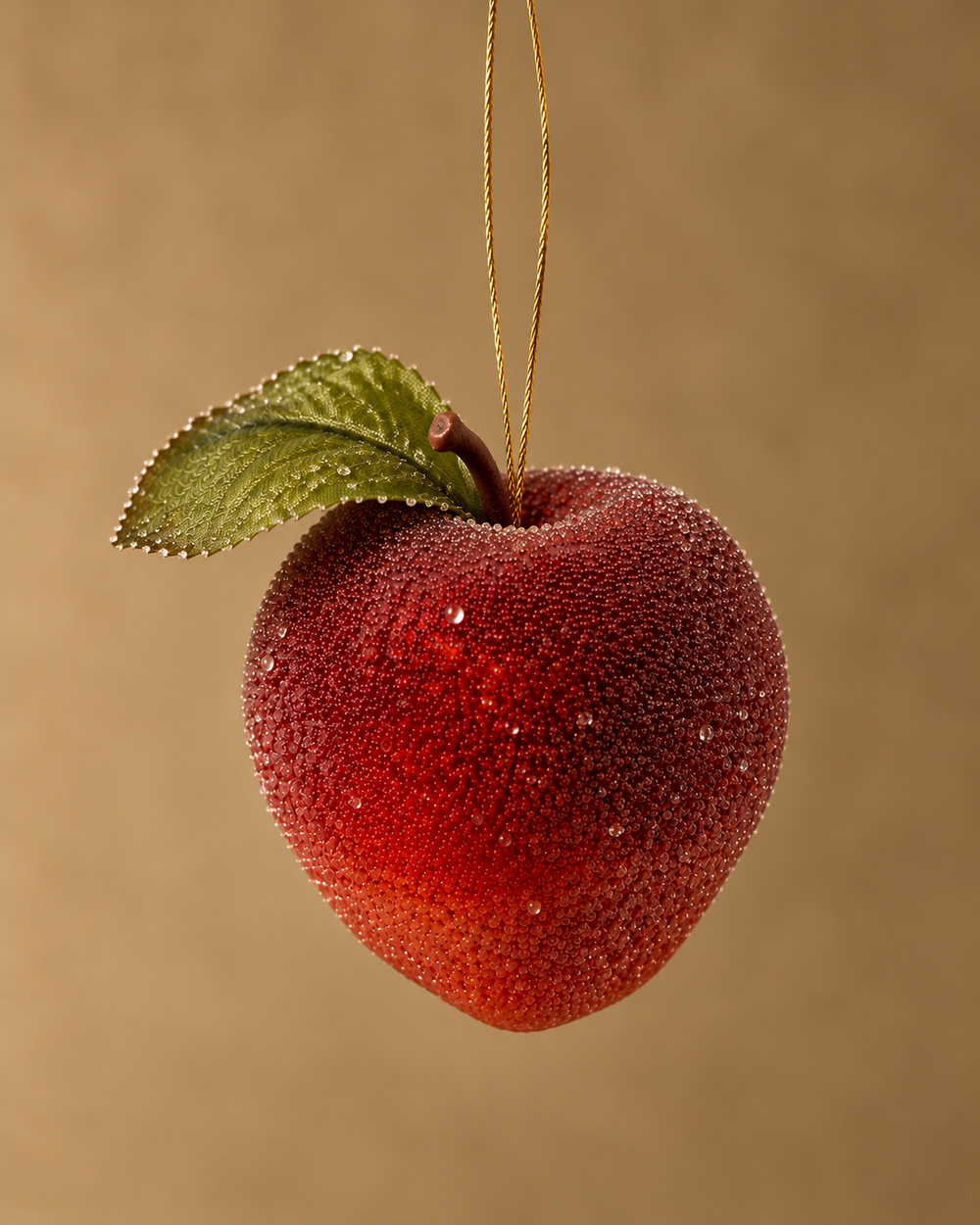 A hanging decorative ornament shaped like a textured red apple or peach with a green leaf and a gold hanging string, shown against a warm beige background.