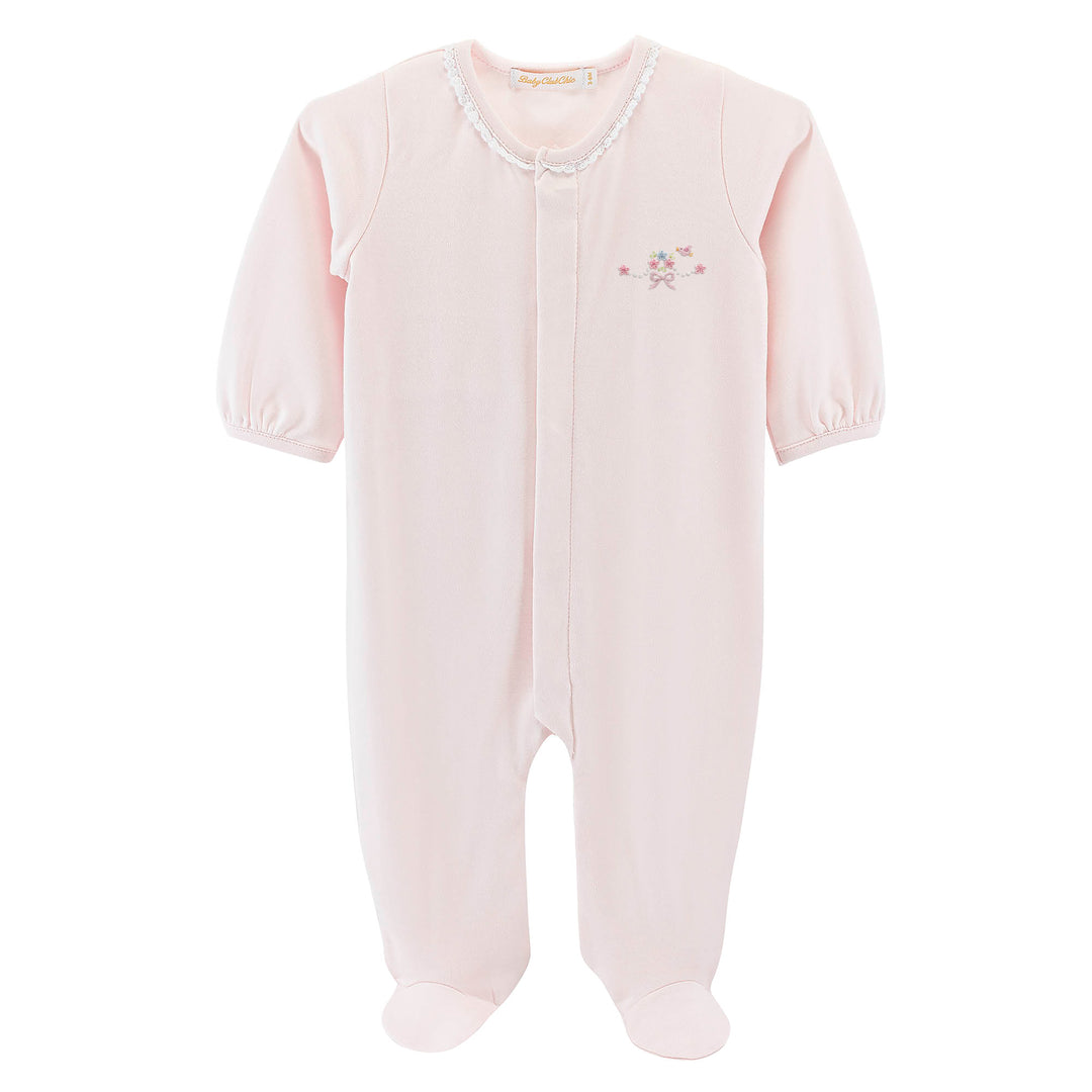 Pink Embroidered Baby Footie on White Background