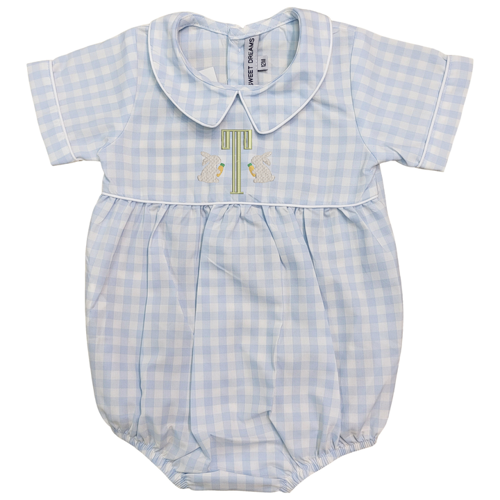 Baby romper with blue and white check pattern and embroidered letter 'T'.