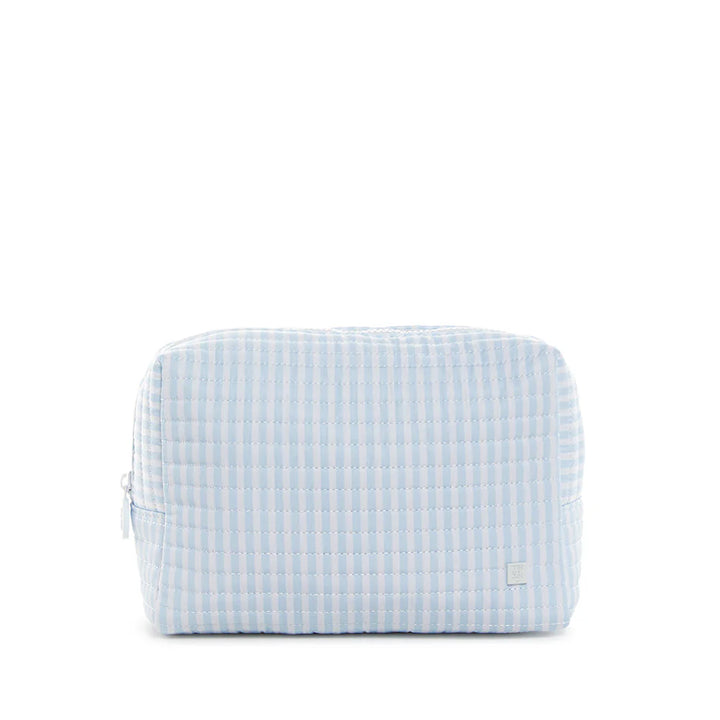 Blue and white checkered toiletry bag on a white background