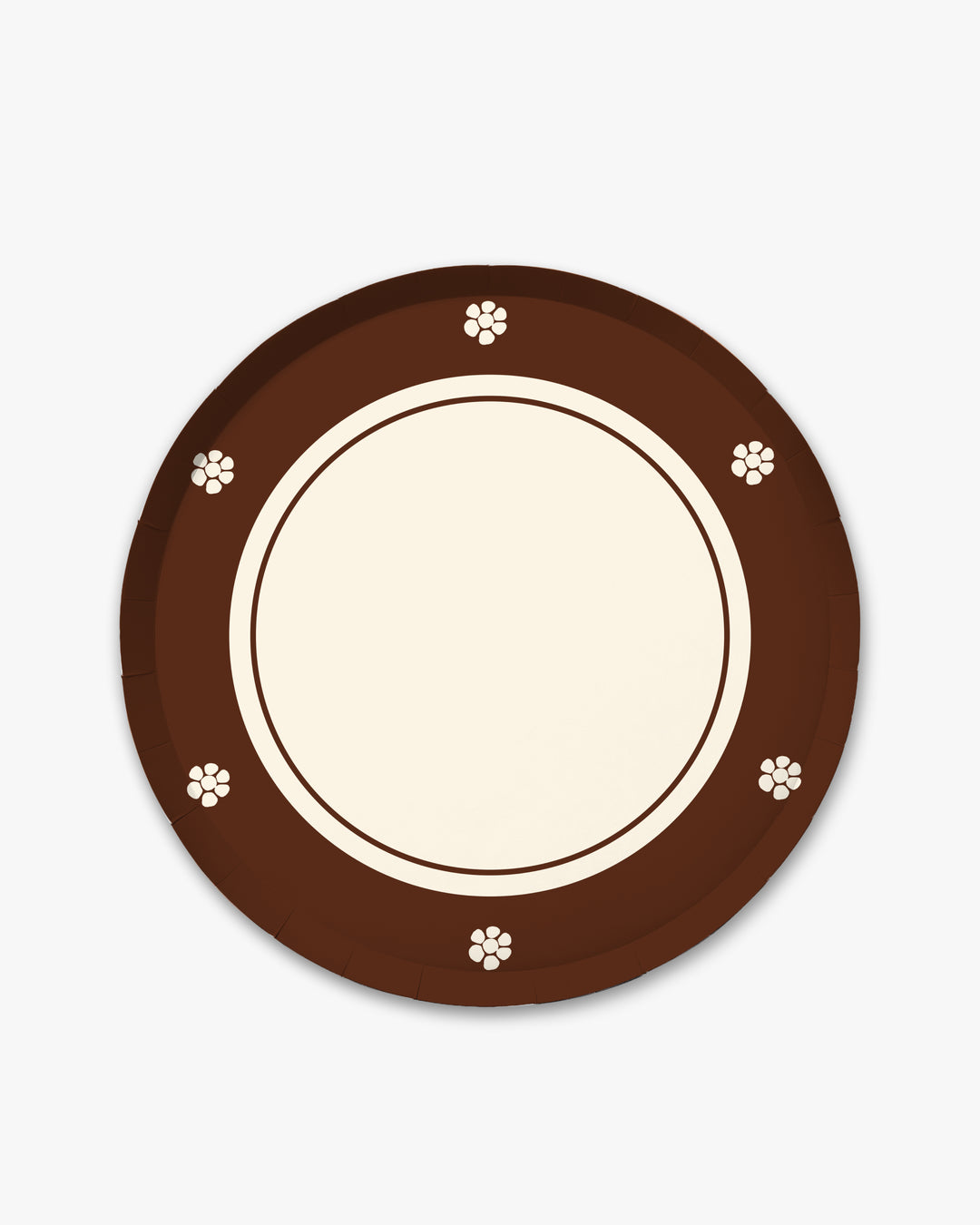 Coco brown Tate dinner paper plate with cream center and floral border accents
