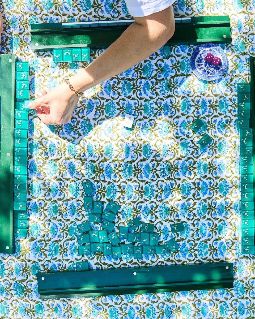 The Audrey Mahjong & Card Tablecloth Blue and Green Floral