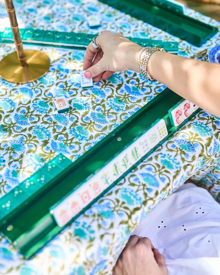 The Audrey Mahjong & Card Tablecloth Blue and Green Floral
