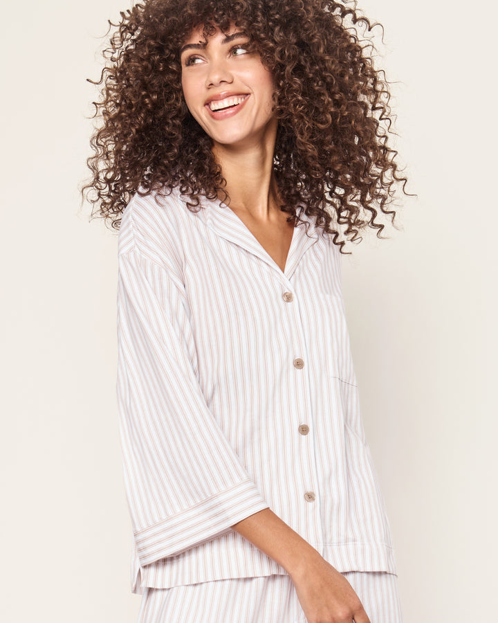 Petite Plume The Olivia Wide Leg Pima Pajama Set in Camel Ticking