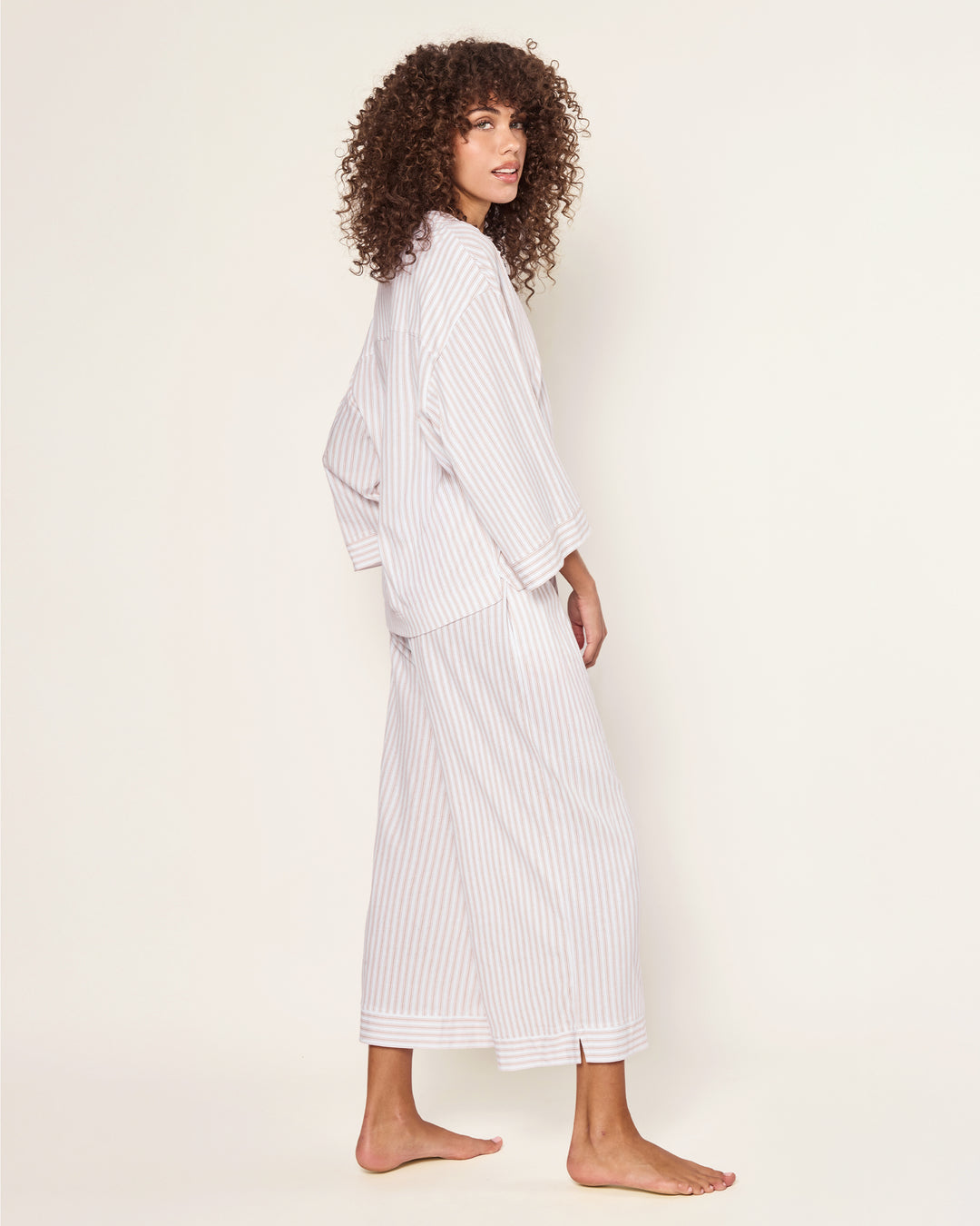 Petite Plume The Olivia Wide Leg Pima Pajama Set in Camel Ticking