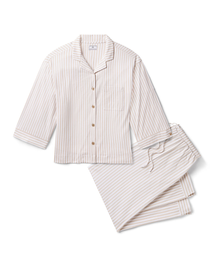Petite Plume The Olivia Wide Leg Pima Pajama Set in Camel Ticking
