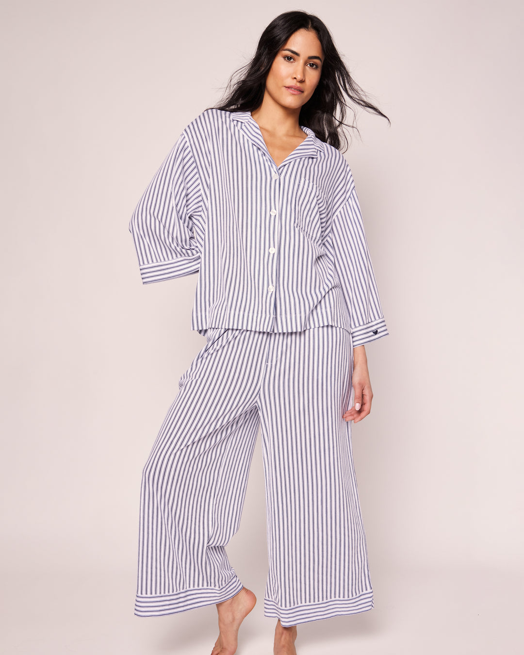Petite Plume The Olivia Wide Leg Pima Pajama Set in Navy French Ticking