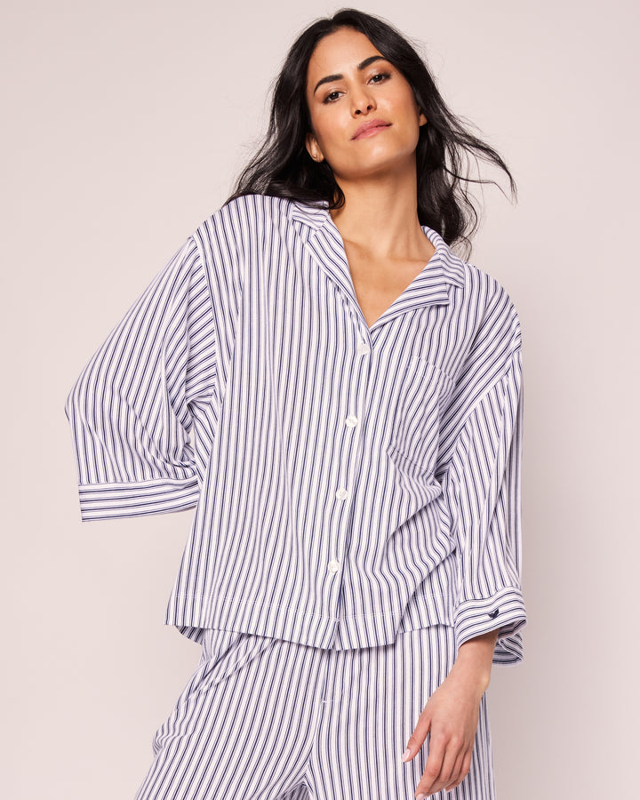 Petite Plume The Olivia Wide Leg Pima Pajama Set in Navy French Ticking
