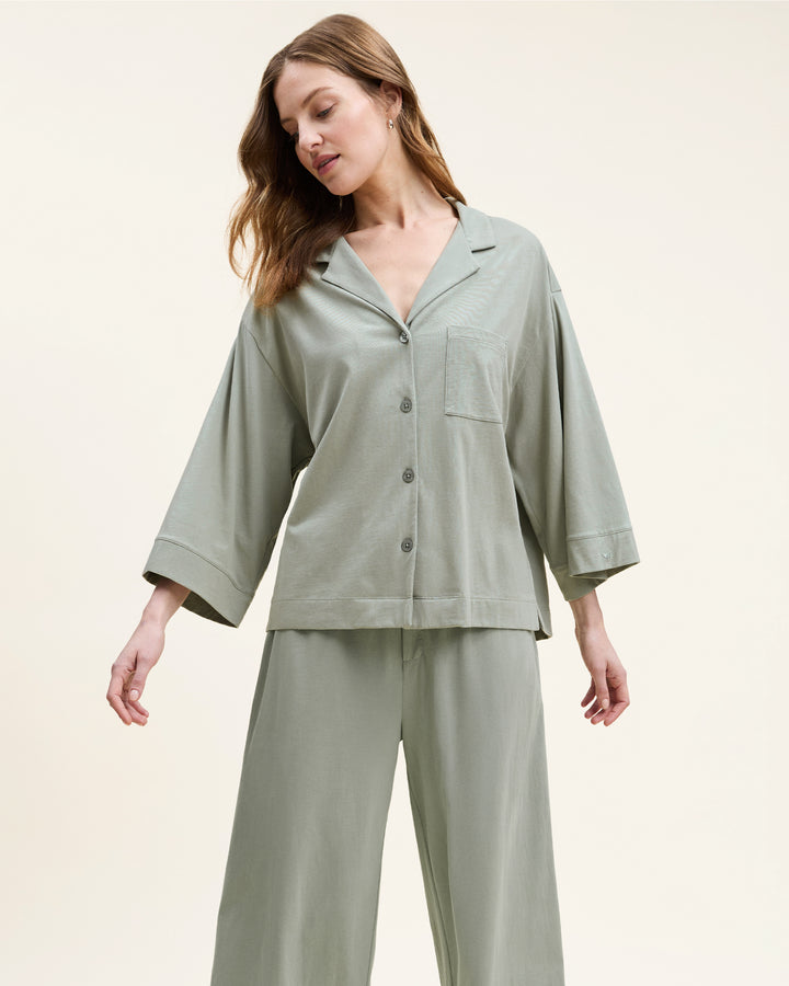 Petite Plume The Olivia Wide Leg Pima Pajama Set in Sage