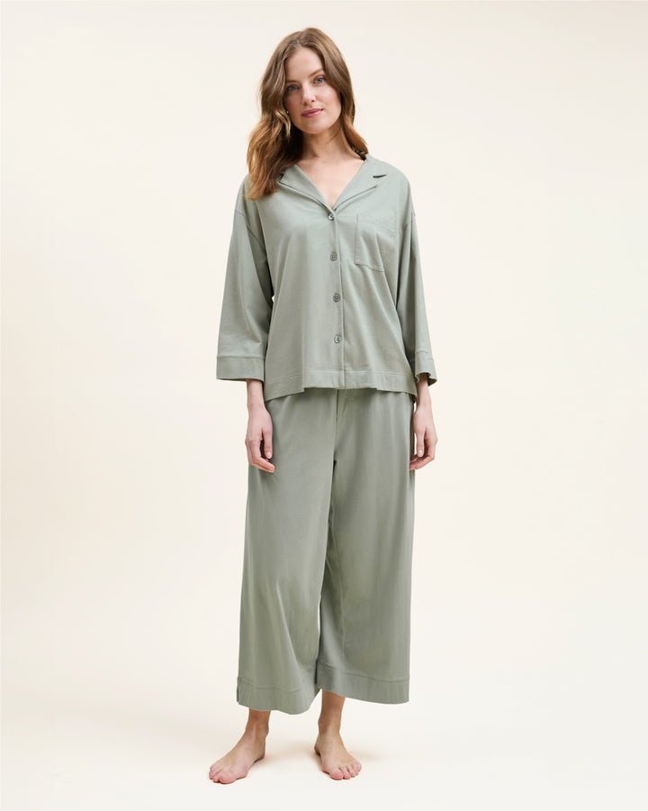 Petite Plume The Olivia Wide Leg Pima Pajama Set in Sage