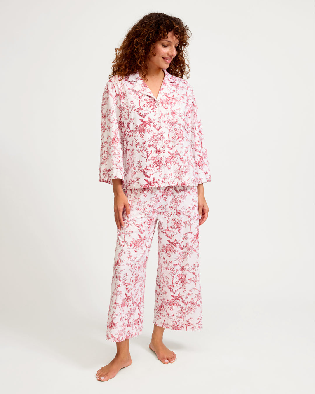 The Olivia Wide Leg Pima Pajama Set in Timeless Red Toile