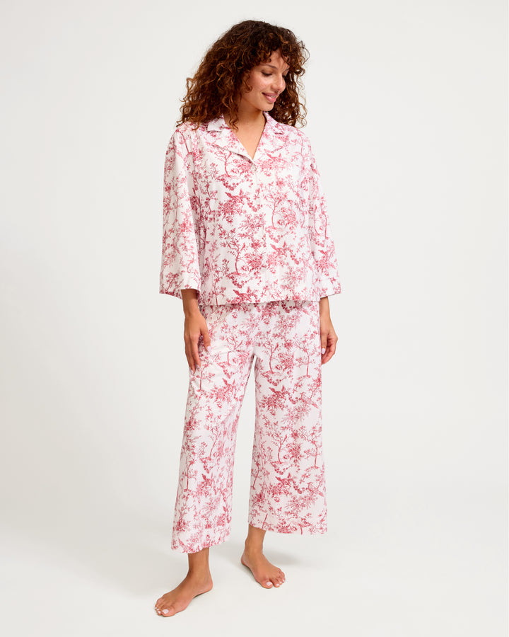 The Olivia Wide Leg Pima Pajama Set in Timeless Red Toile