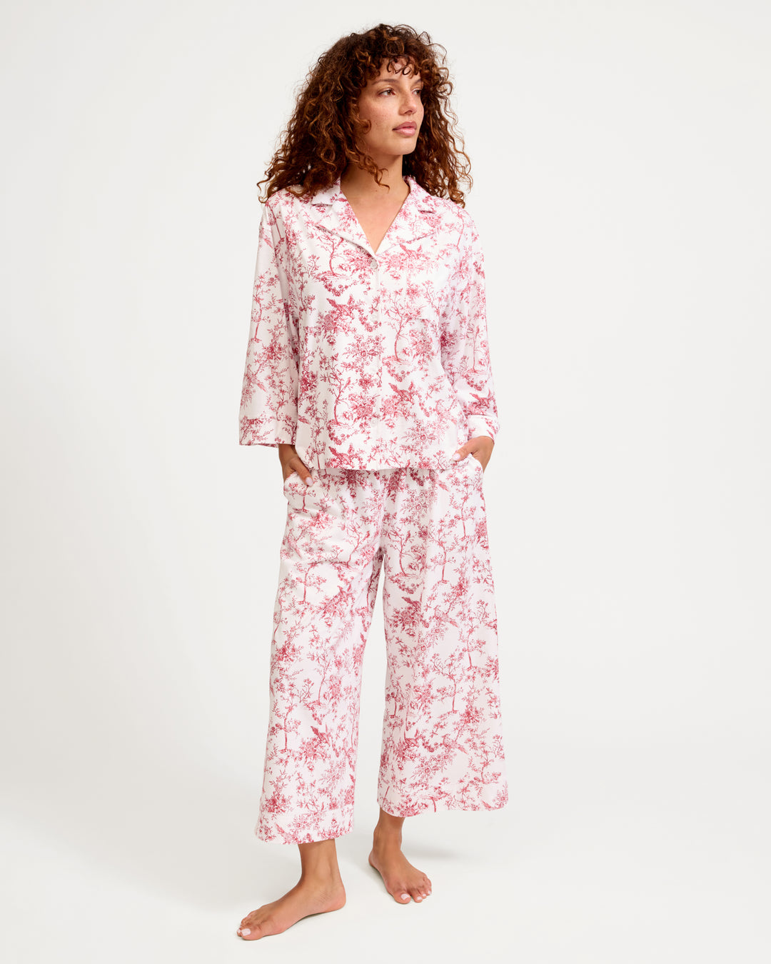 The Olivia Wide Leg Pima Pajama Set in Timeless Red Toile