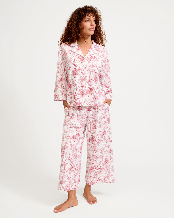 The Olivia Wide Leg Pima Pajama Set in Timeless Red Toile