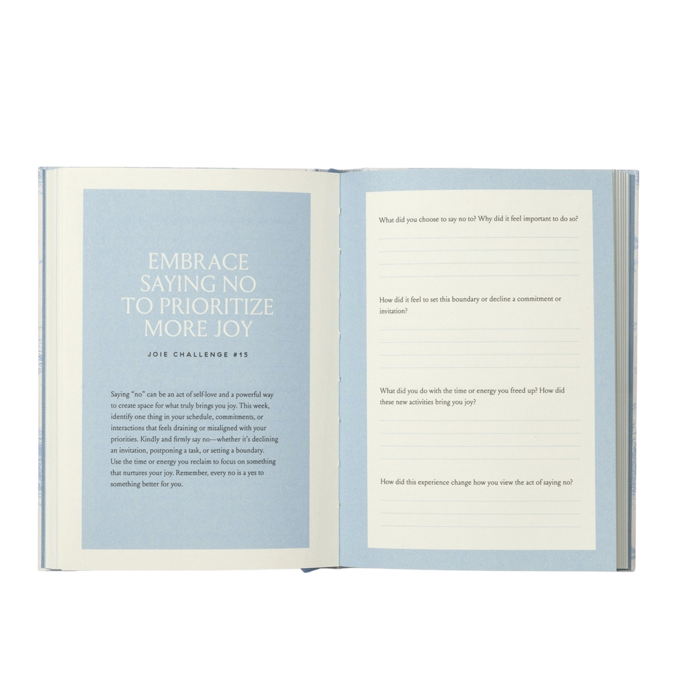 An open book or journal showing two printed interior pages with text prompts and writing lines, photographed on a plain white background.