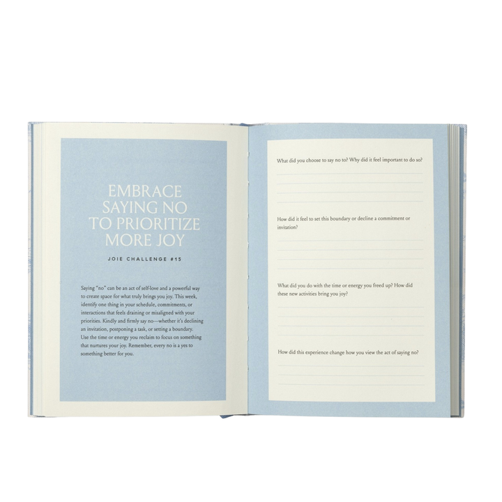 An open book or journal showing two printed interior pages with text prompts and writing lines, photographed on a plain white background.