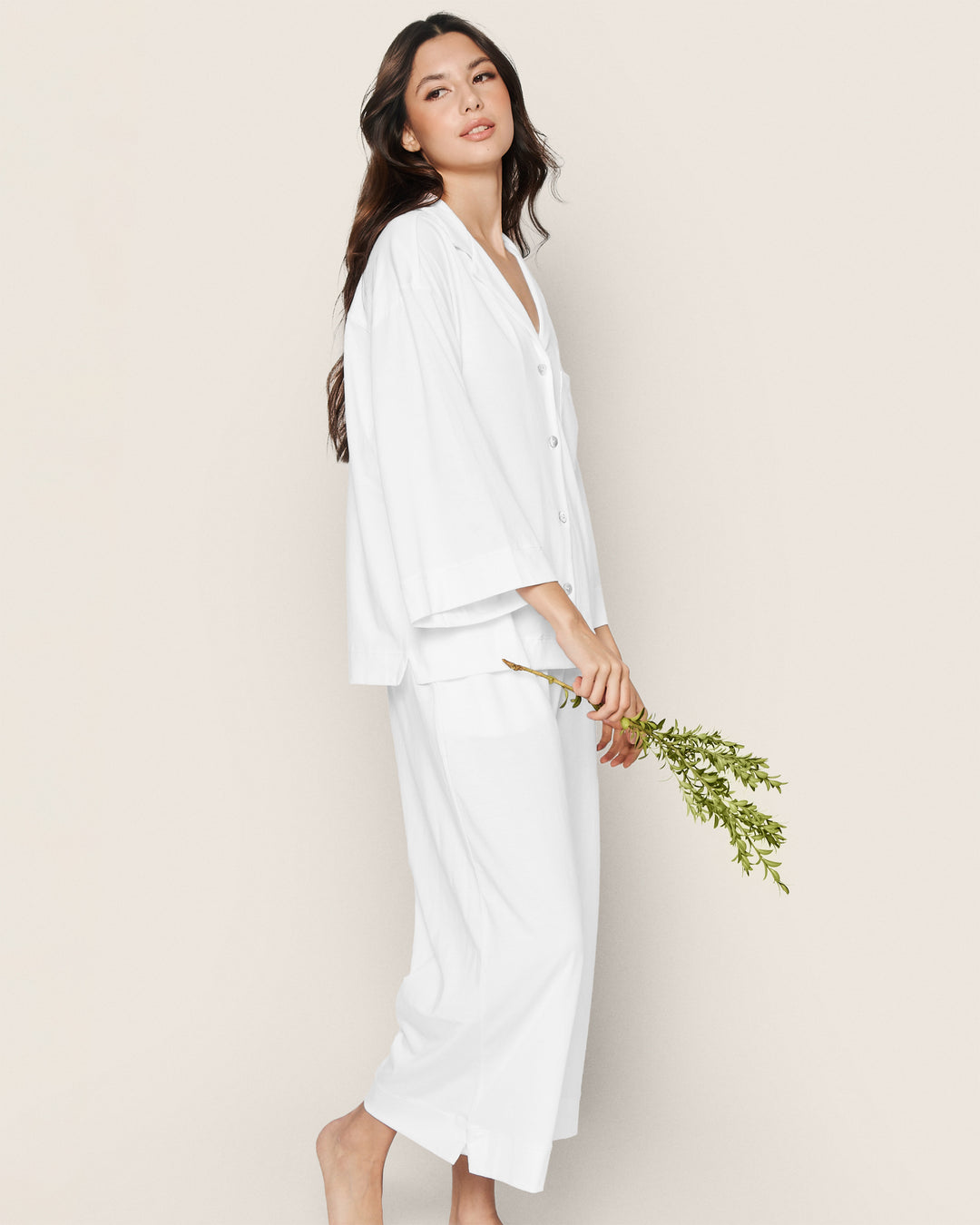 Petite Plume The Olivia Wide Leg Pima Pajama Set in White
