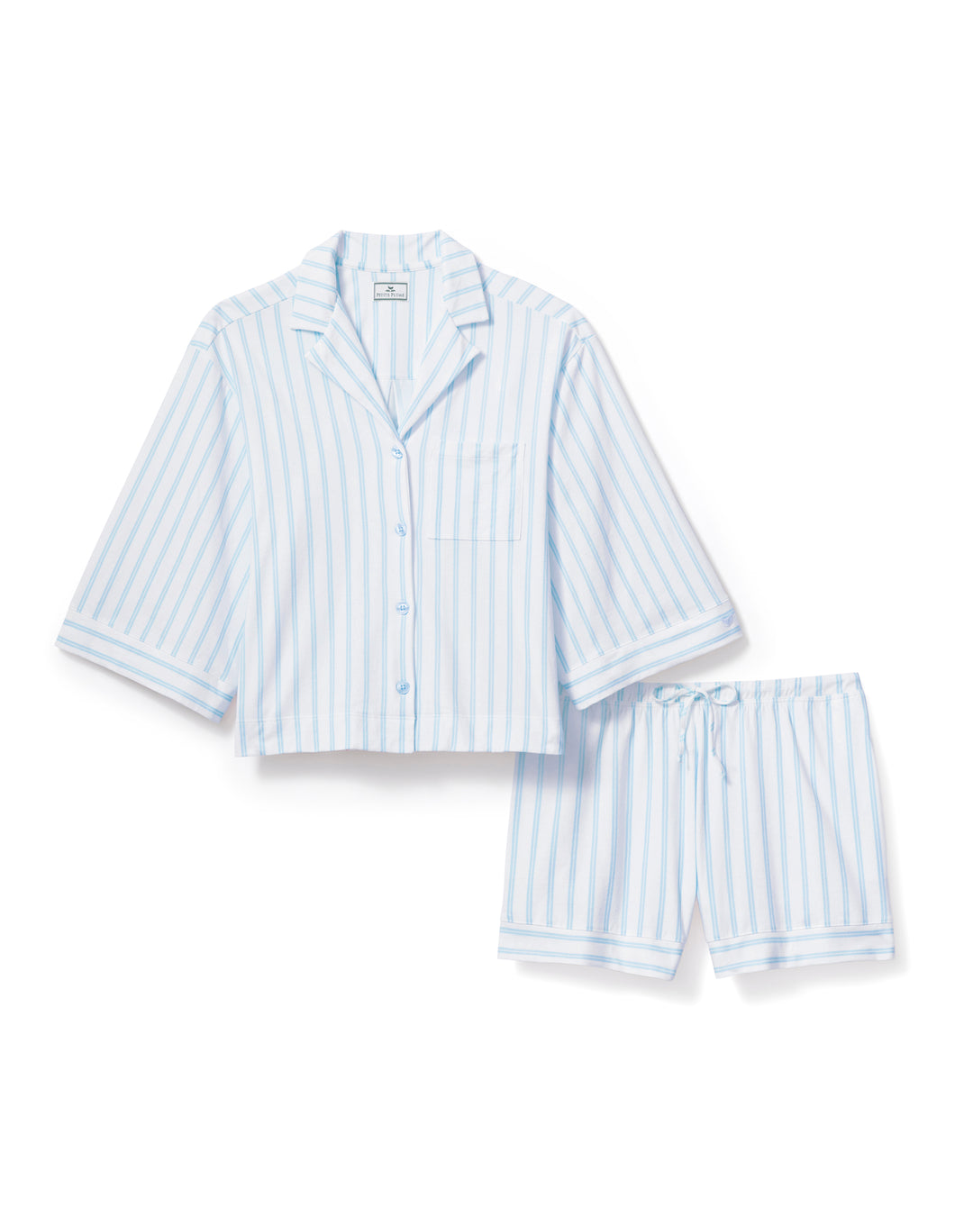 Light blue and white striped pajama set on a white background