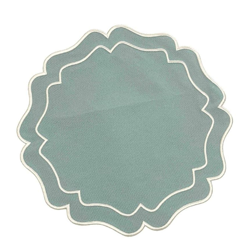 Scalloped Edge Teal Placemat with white embroidered trim