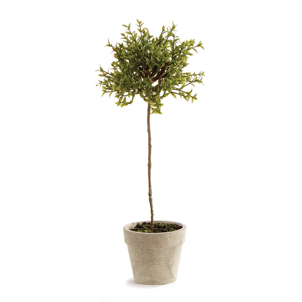 An artificial topiary-style tree with dense green foliage on a single trunk, planted in a light beige textured pot against a plain white background.