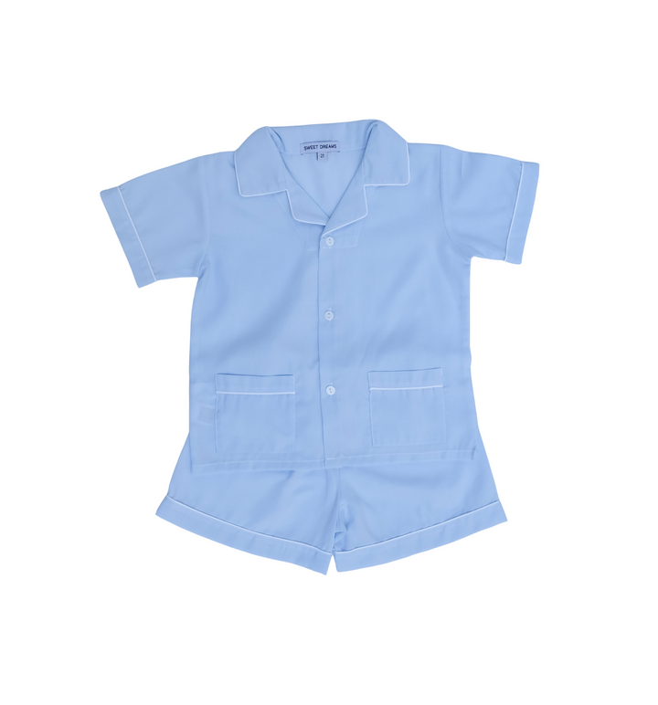 Light Blue Classic Short Pajama Set with White Piping