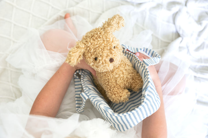 Person holding a teddy bear in a striped bag on a white blanket