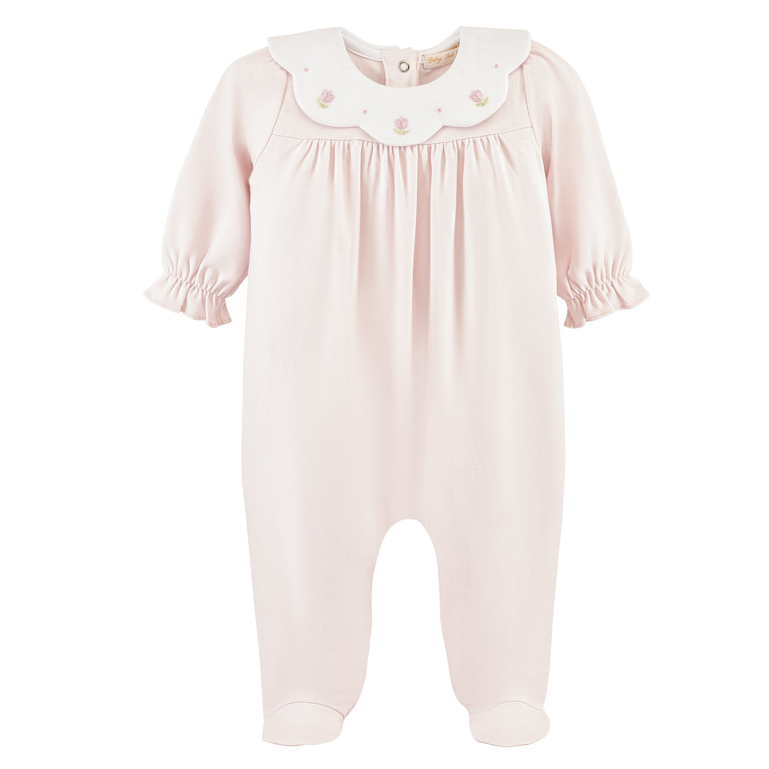 Pink Footie with Tulips Embroidery on Collar
