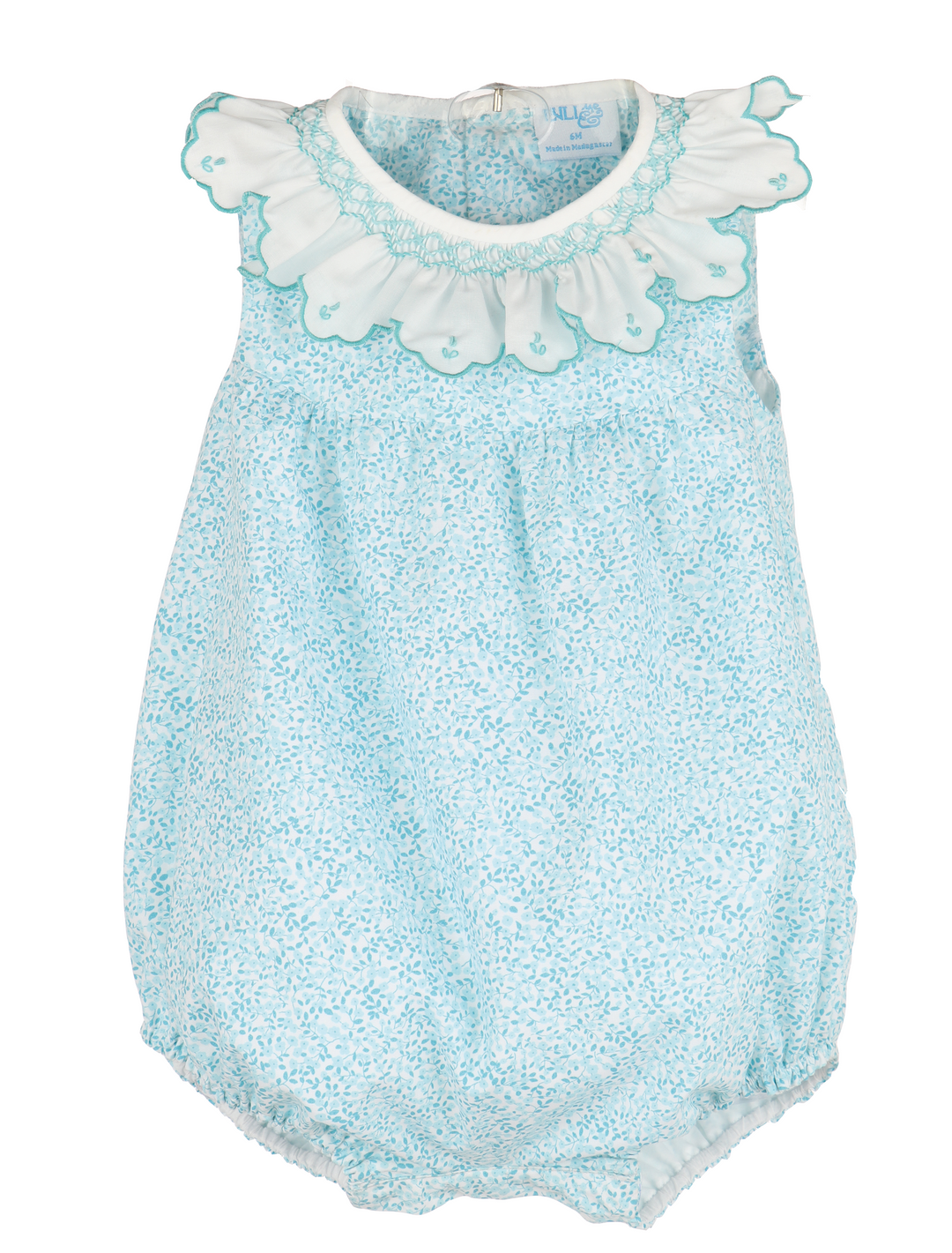 Turquoise baby bubble in mini floral print with scalloped embroidered collar 