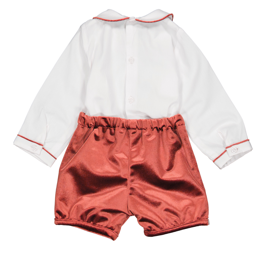 Barnabé set with white poplin shirt and burgundy velvet shorts