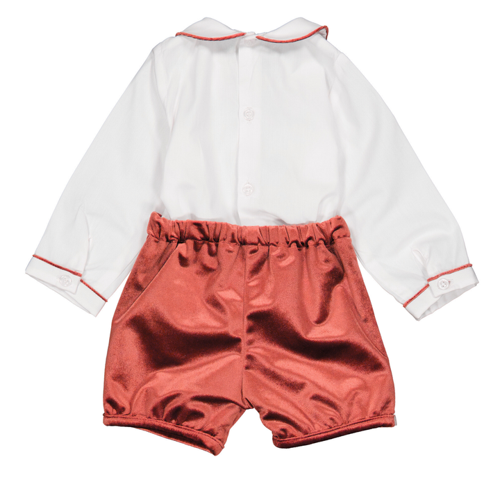 Barnabé set with white poplin shirt and burgundy velvet shorts