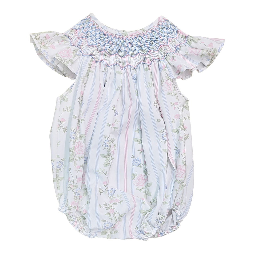 Floral baby romper with ruffled sleeves on a white background