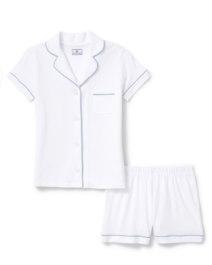 Petite Plume The Poppy Pima Short Set in White with Periwinkle Piping