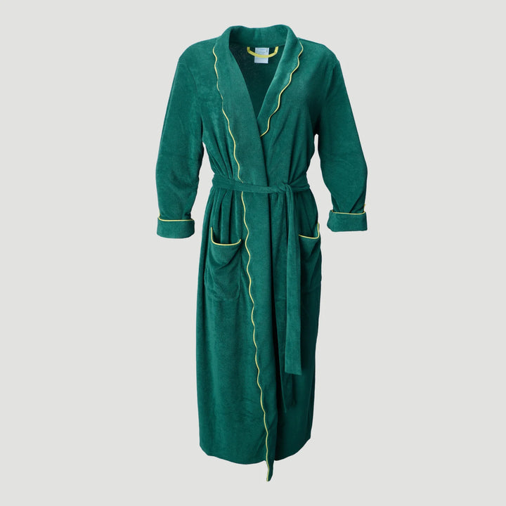 A dark green plush bathrobe with lime green piping trim, shown on a neutral light gray background.