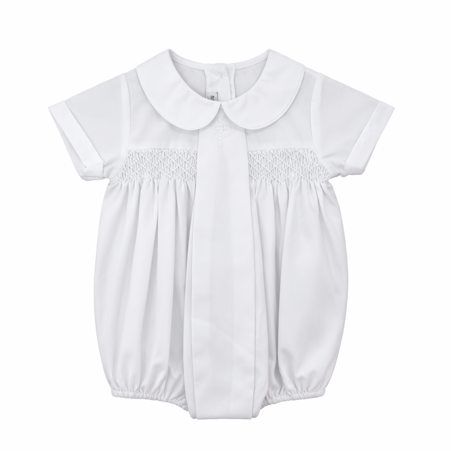 White baby romper with a collar on a white background
