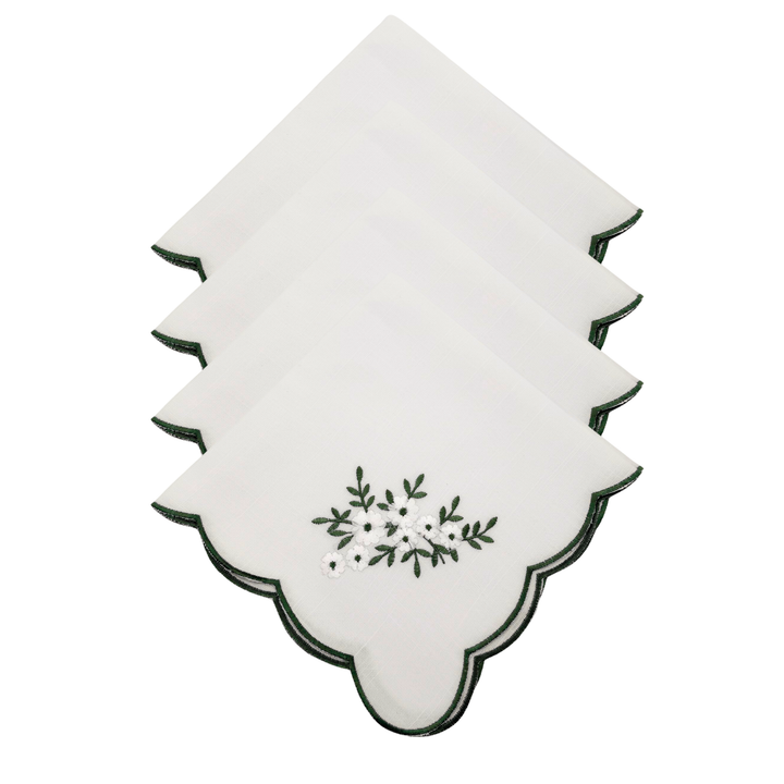 White embroidered dinner napkins with embroidered floral design